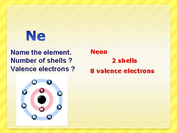 Name the element. Number of shells ? Valence electrons ? Neon 2 shells 8