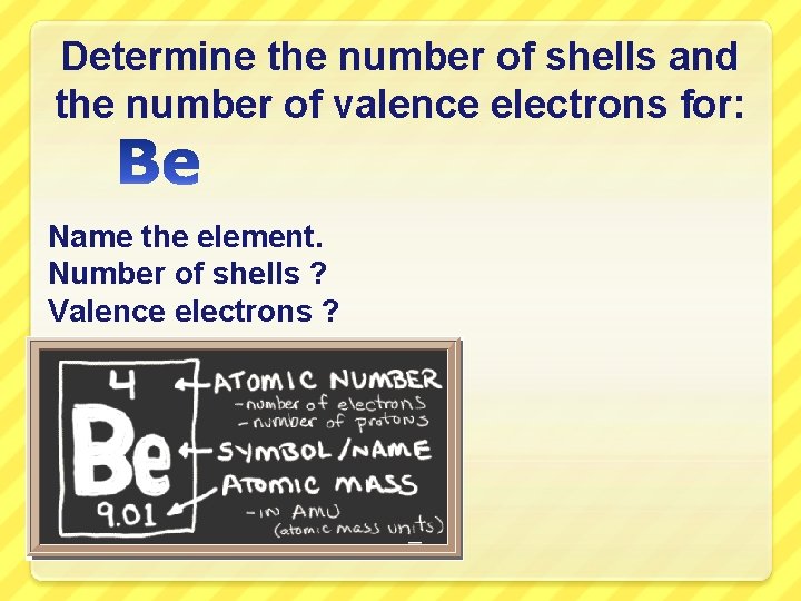 Determine the number of shells and the number of valence electrons for: Name the