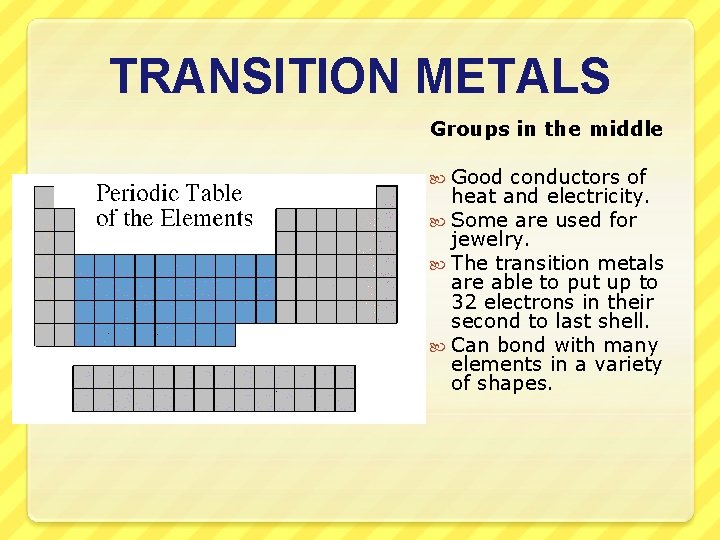 TRANSITION METALS Groups in the middle Good conductors of heat and electricity. Some are