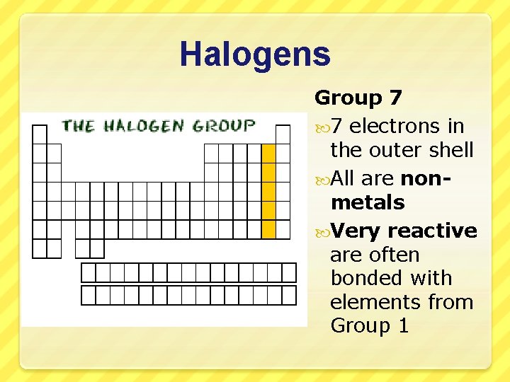 Halogens Group 7 7 electrons in the outer shell All are nonmetals Very reactive
