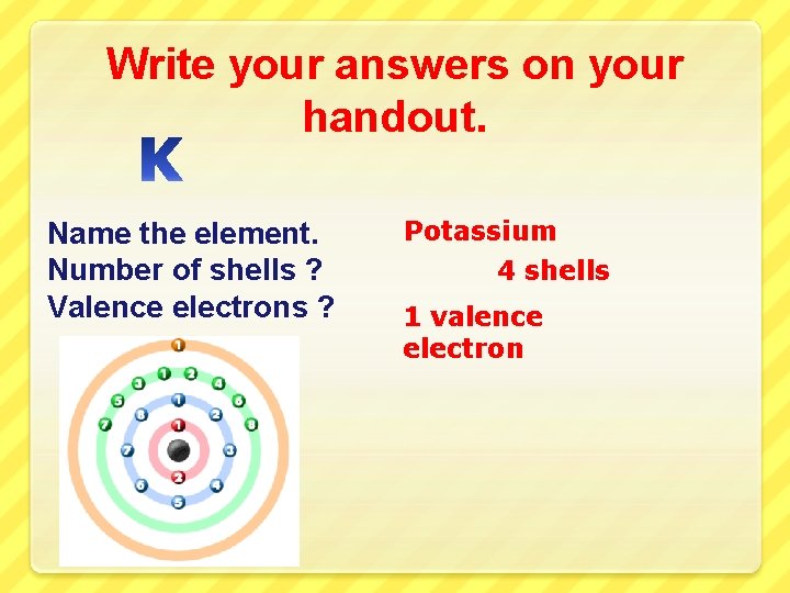 Write your answers on your handout. Name the element. Number of shells ? Valence