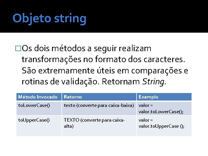 Objeto string �Os dois métodos a seguir realizam transformações no formato dos caracteres. São