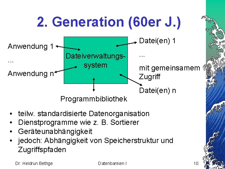 2. Generation (60 er J. ) Datei(en) 1 Anwendung 1 Dateiverwaltungssystem . . .