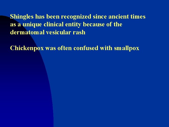 Shingles has been recognized since ancient times as a unique clinical entity because of