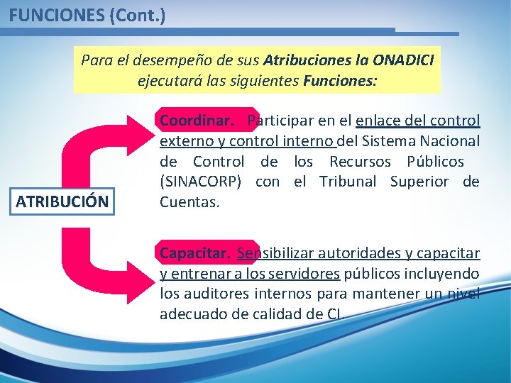 FUNCIONES (Cont. ) Para el desempeño de sus Atribuciones la ONADICI ejecutará las siguientes