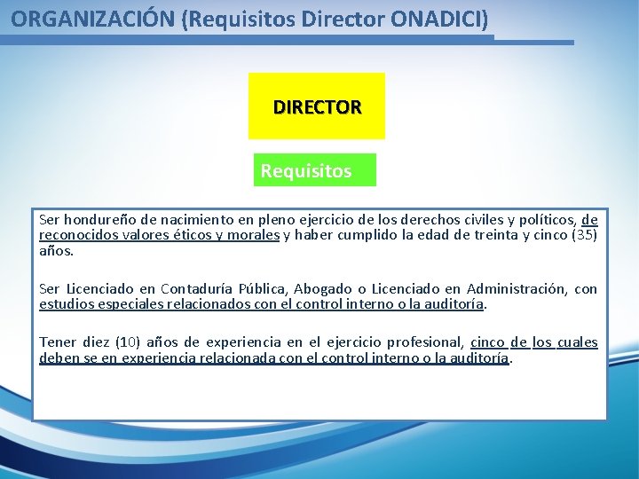 ORGANIZACIÓN (Requisitos Director ONADICI) DIRECTOR Requisitos Ser hondureño de nacimiento en pleno ejercicio de