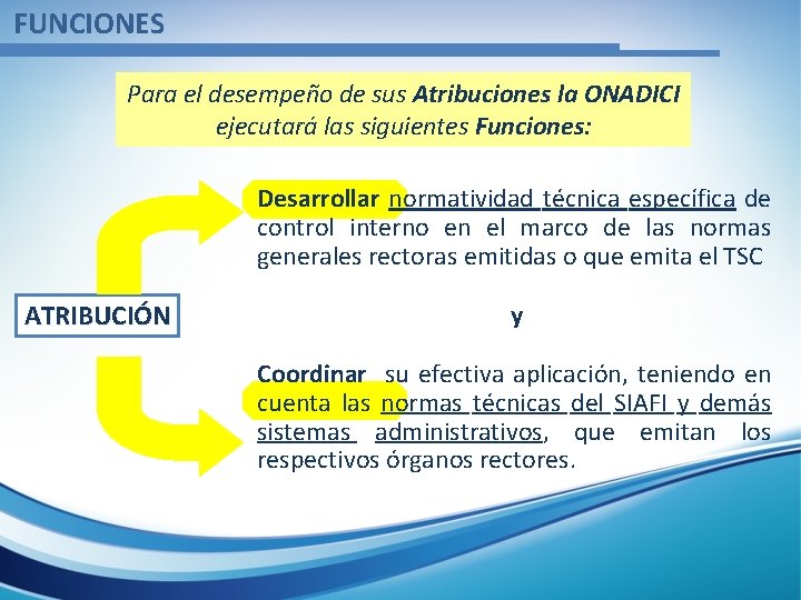 FUNCIONES Para el desempeño de sus Atribuciones la ONADICI ejecutará las siguientes Funciones: Desarrollar