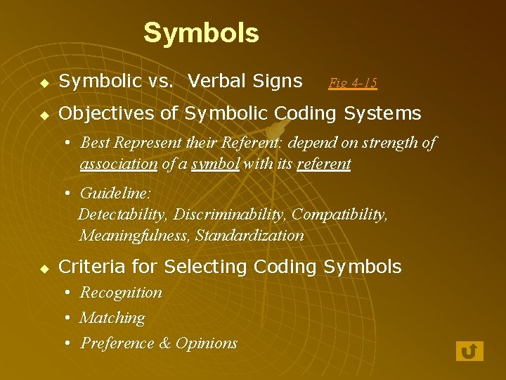 Symbols u Symbolic vs. Verbal Signs u Objectives of Symbolic Coding Systems Fig 4