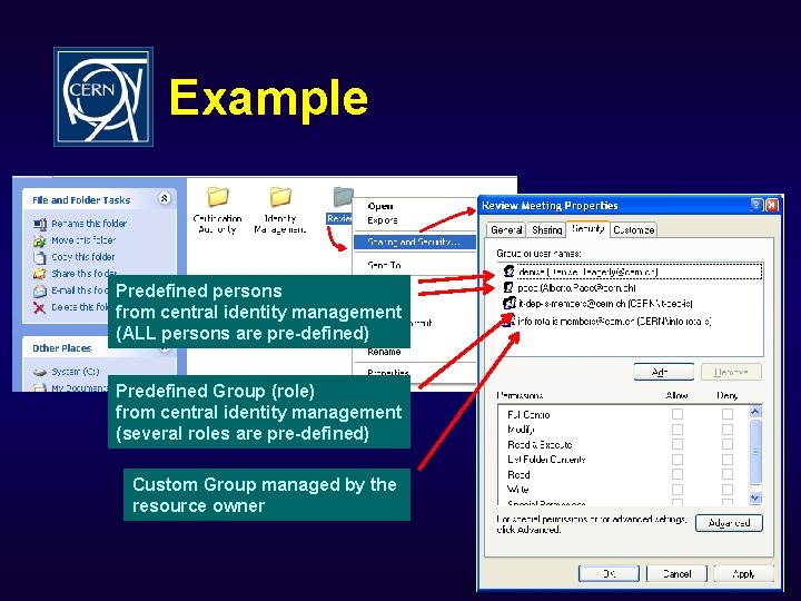 Example Predefined persons from central identity management (ALL persons are pre-defined) Predefined Group (role)