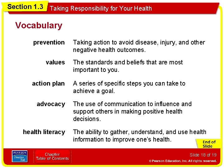 Section 1. 3 Taking Responsibility for Your Health Vocabulary prevention values action plan advocacy