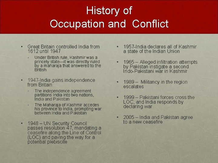 History of Occupation and Conflict • Great Britain controlled India from 1612 until 1947