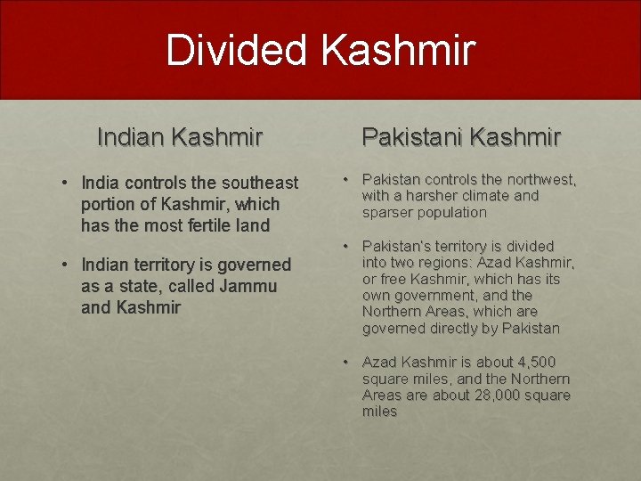 Divided Kashmir Indian Kashmir Pakistani Kashmir • India controls the southeast portion of Kashmir,