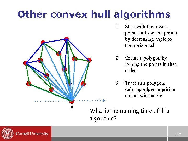 Other convex hull algorithms P 1. Start with the lowest point, and sort the