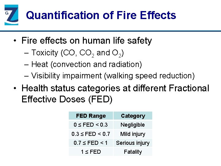 Quantification of Fire Effects • Fire effects on human life safety – Toxicity (CO,