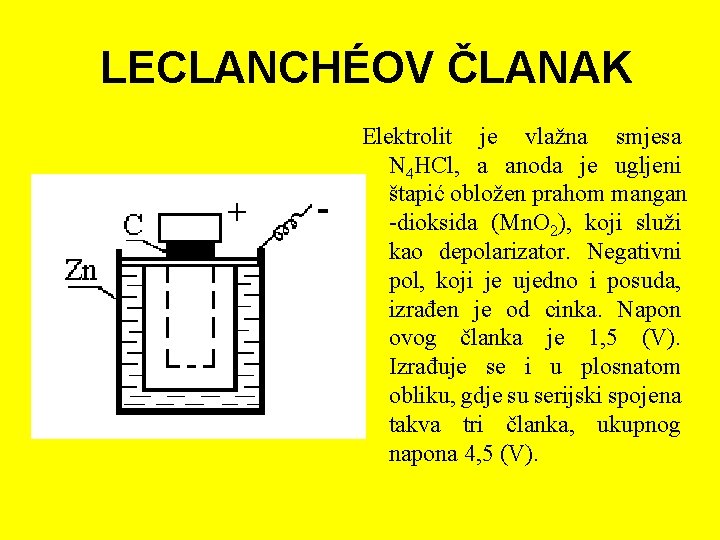 LECLANCHÉOV ČLANAK Elektrolit je vlažna smjesa N 4 HCl, a anoda je ugljeni štapić