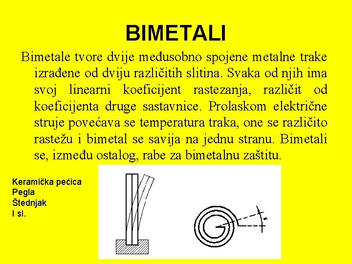 BIMETALI Bimetale tvore dvije međusobno spojene metalne trake izrađene od dviju različitih slitina. Svaka