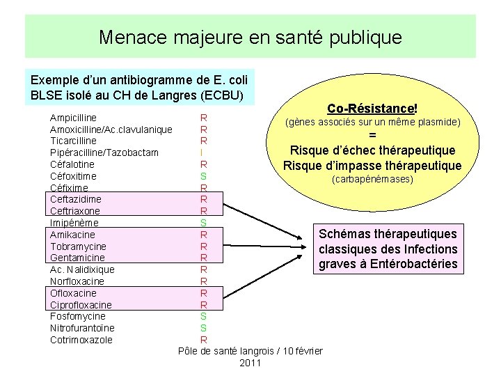Menace majeure en santé publique Exemple d’un antibiogramme de E. coli BLSE isolé au