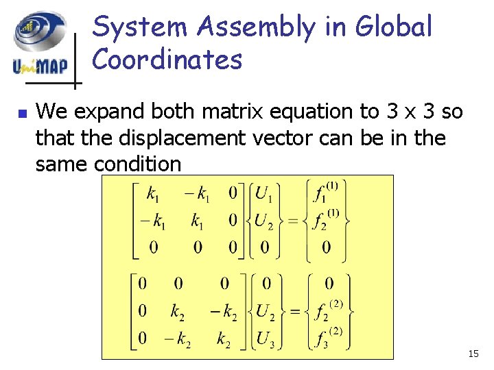 System Assembly in Global Coordinates n We expand both matrix equation to 3 x