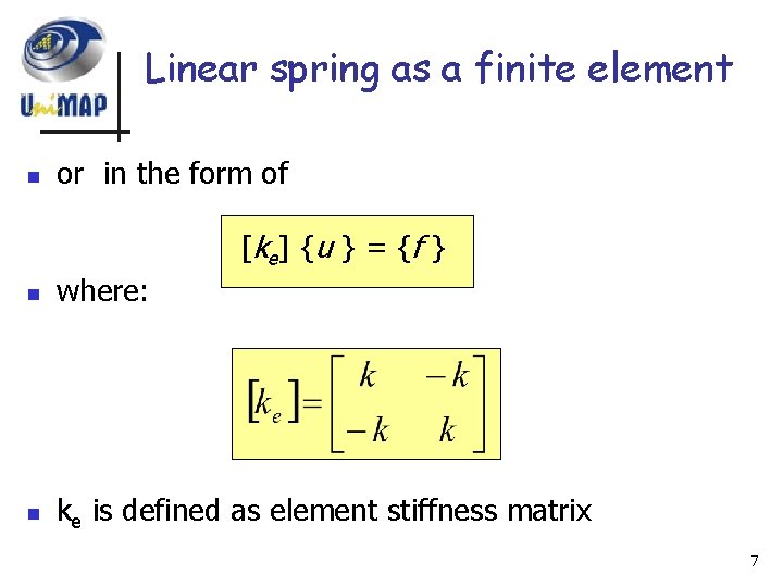 Linear spring as a finite element n or in the form of [ ke
