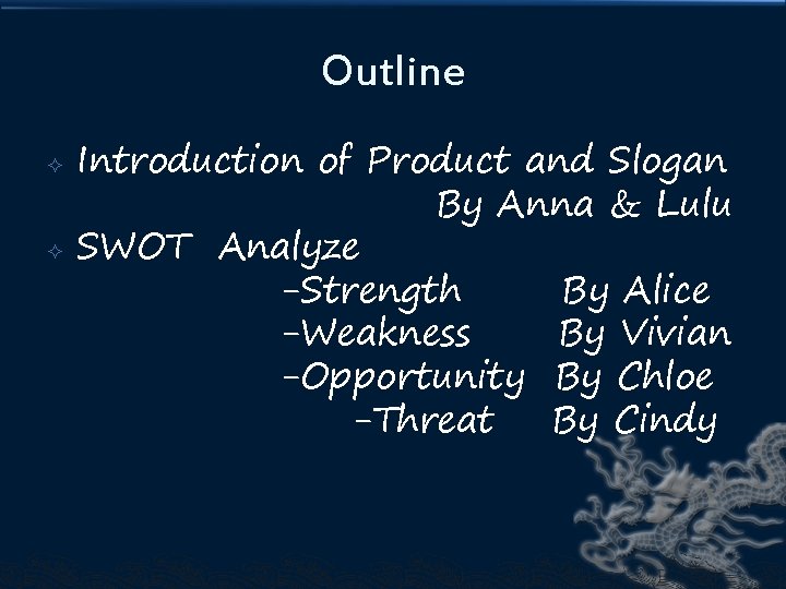 Outline Introduction of Product and Slogan By Anna & Lulu SWOT Analyze -Strength By