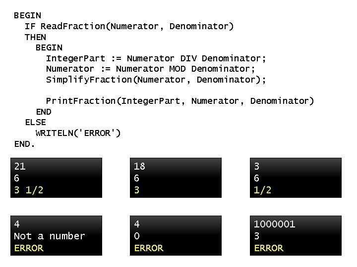 BEGIN IF Read. Fraction(Numerator, Denominator) THEN BEGIN Integer. Part : = Numerator DIV Denominator;