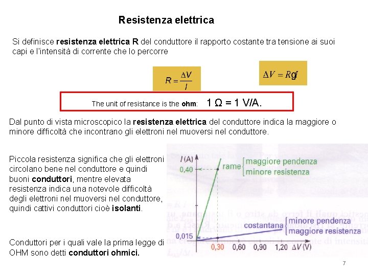 Resistenza elettrica Si definisce resistenza elettrica R del conduttore il rapporto costante tra tensione