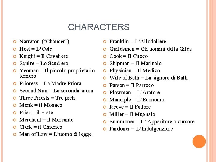 CHARACTERS Narrator (“Chaucer”) Host = L’Oste Knight = Il Cavaliere Squire = Lo Scudiero