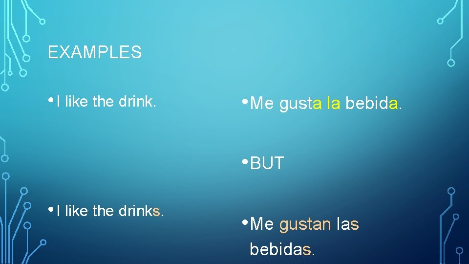 EXAMPLES • I like the drink. • Me gusta la bebida. • BUT •