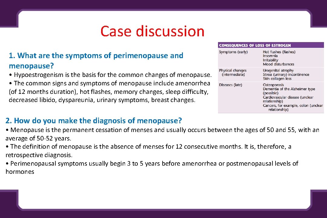 Case discussion 1. What are the symptoms of perimenopause and menopause? • Hypoestrogenism is