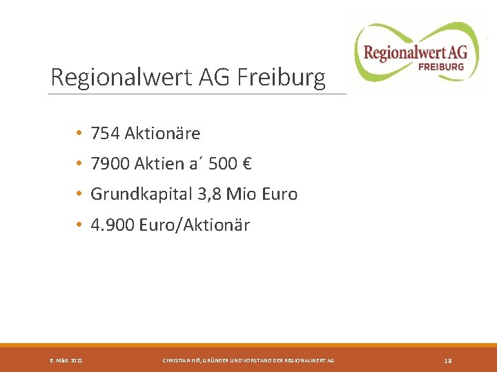 Regionalwert AG Freiburg • 754 Aktionäre • 7900 Aktien a´ 500 € • Grundkapital