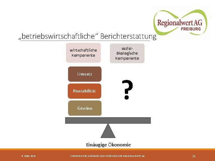 „betriebswirtschaftliche“ Berichterstattung wirtschaftliche Komponente sozialökologische Komponente Umsatz ? Rentabilität Gewinn Einäugige Ökonomie 6. März