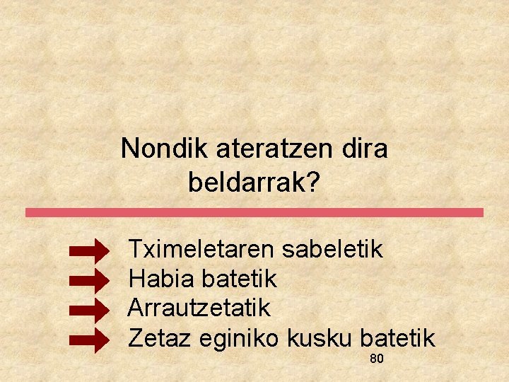 Nondik ateratzen dira beldarrak? Tximeletaren sabeletik Habia batetik Arrautzetatik Zetaz eginiko kusku batetik 80