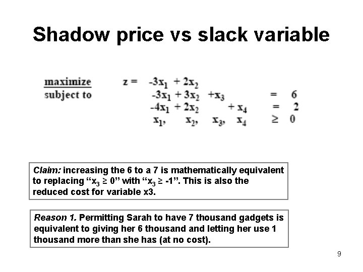 Shadow price vs slack variable Claim: increasing the 6 to a 7 is mathematically