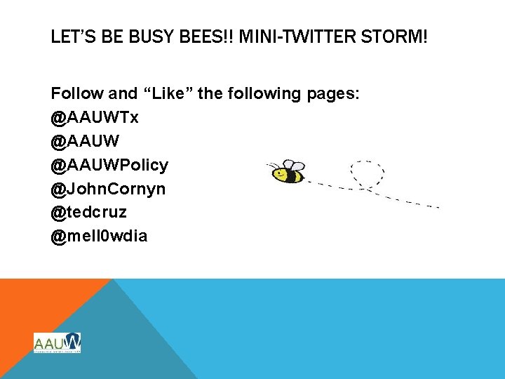 LET’S BE BUSY BEES!! MINI-TWITTER STORM! Follow and “Like” the following pages: @AAUWTx @AAUWPolicy