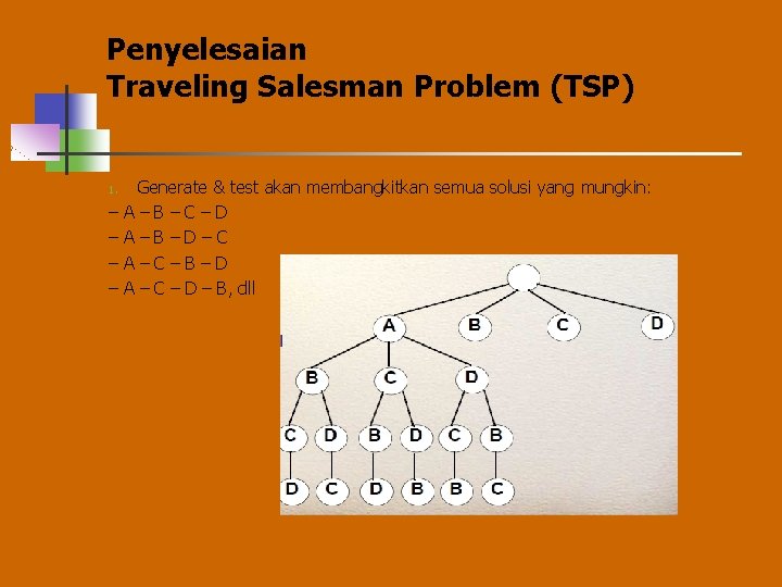 Penyelesaian Traveling Salesman Problem (TSP) 1. – – Generate & test akan membangkitkan semua