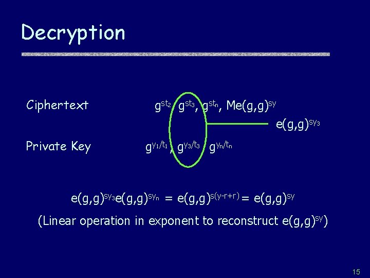 Decryption Ciphertext Private Key gst 2, gst 3, gstn, Me(g, g)sy 3 gy 1/t