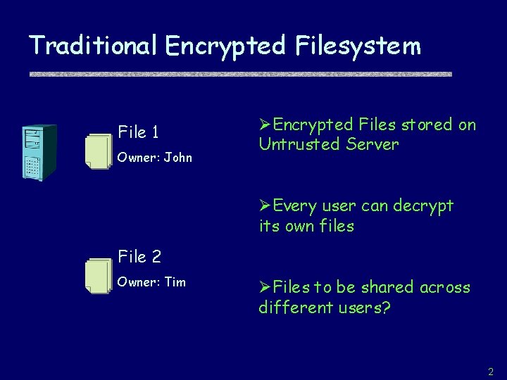 Traditional Encrypted Filesystem File 1 Owner: John ØEncrypted Files stored on Untrusted Server ØEvery