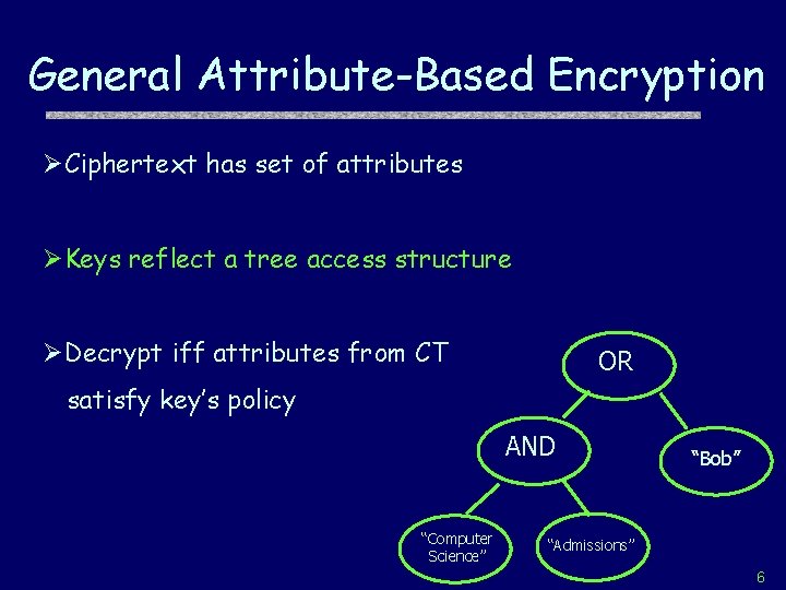 General Attribute-Based Encryption ØCiphertext has set of attributes ØKeys reflect a tree access structure
