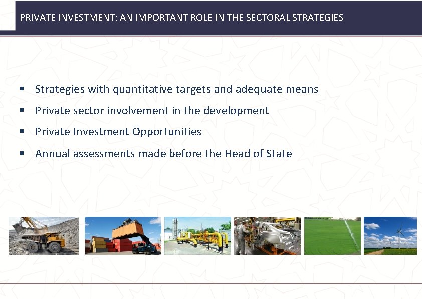 PRIVATE INVESTMENT: AN IMPORTANT ROLE IN THE SECTORAL STRATEGIES § Strategies with quantitative targets