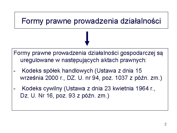 Formy prawne prowadzenia działalności gospodarczej są uregulowane w następujących aktach prawnych: - Kodeks spółek