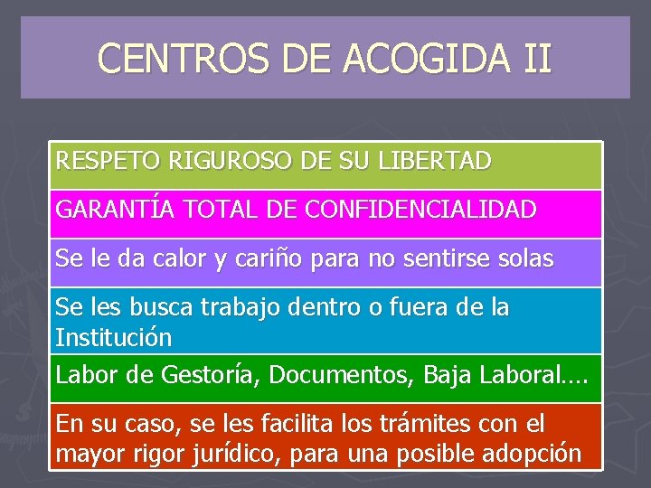 CENTROS DE ACOGIDA II RESPETO RIGUROSO DE SU LIBERTAD GARANTÍA TOTAL DE CONFIDENCIALIDAD Se