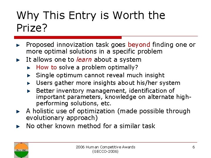 Why This Entry is Worth the Prize? Proposed innovization task goes beyond finding one