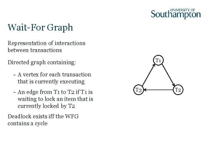 Wait-For Graph Representation of interactions between transactions T 1 Directed graph containing: - A