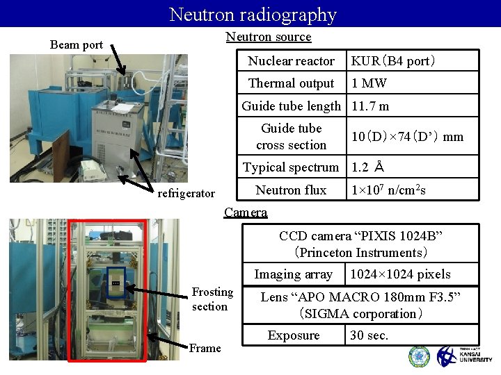Neutron radiography Neutron source Beam port Nuclear reactor KUR（B 4 port） Thermal output 1