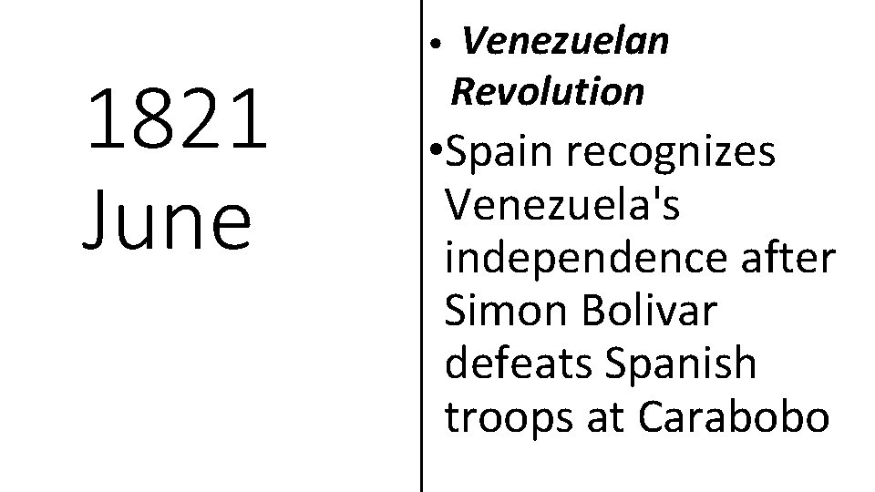 1821 June • Venezuelan Revolution • Spain recognizes Venezuela's independence after Simon Bolivar defeats