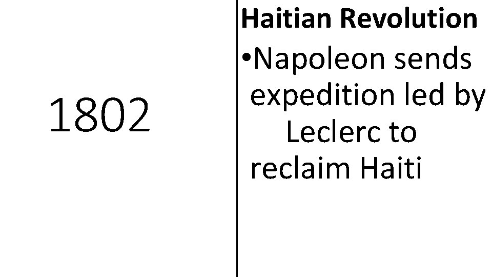 Haitian Revolution 1802 • Napoleon sends expedition led by Leclerc to reclaim Haiti 