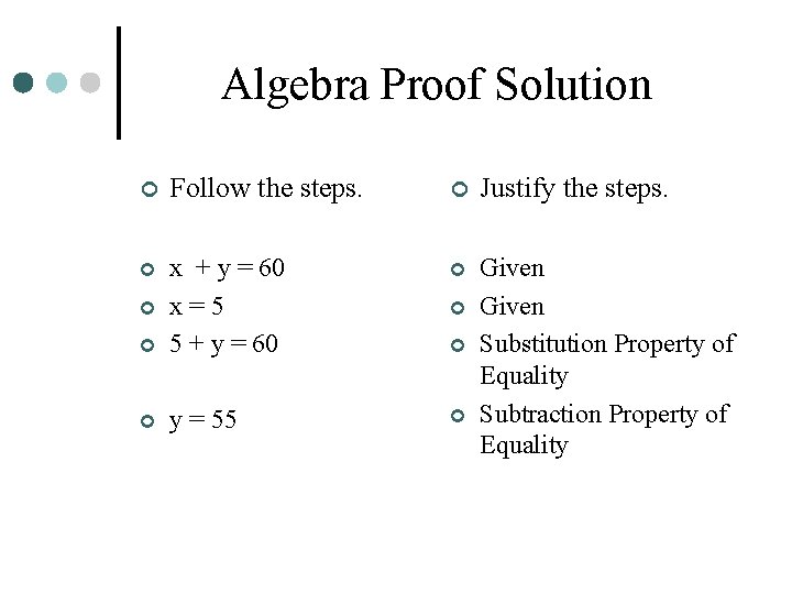 Algebra Proof Solution ¢ Follow the steps. ¢ Justify the steps. ¢ ¢ ¢
