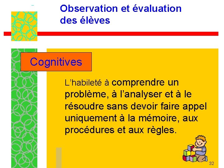 Observation et évaluation des élèves Cognitives L’habileté à comprendre un problème, à l’analyser et