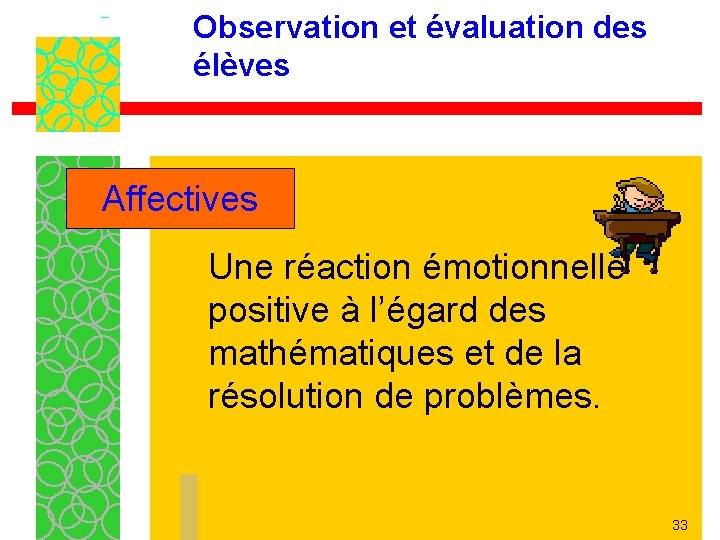 Observation et évaluation des élèves Affectives Une réaction émotionnelle positive à l’égard des mathématiques