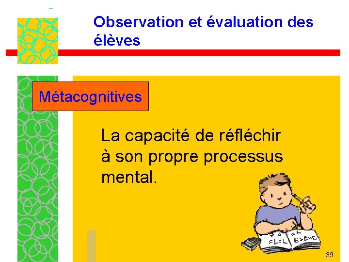 Observation et évaluation des élèves Métacognitives La capacité de réfléchir à son propre processus